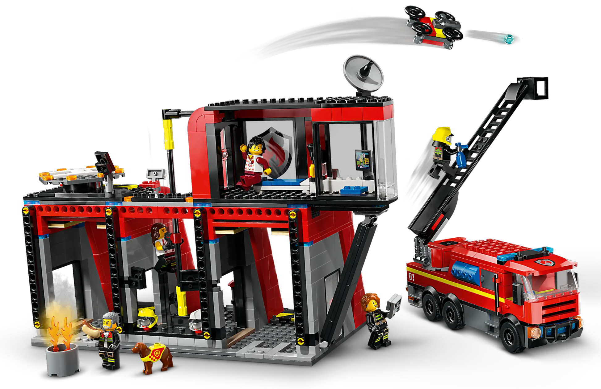 The LEGO® Fire Station with Fire Truck set by LEGO® includes firefighters, a truck, flame, drone, rescue dog, and a two-story building for endless firefighting adventures.
