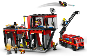 The LEGO® Fire Station with Fire Truck set by LEGO® includes firefighters, a truck, flame, drone, rescue dog, and a two-story building for endless firefighting adventures.