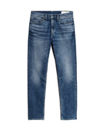 The Rag & Bone Fit 2 Authentic Stretch Denim jeans feature a medium indigo wash with a subtle faded effect, slim fit, five-pocket styling, and button closure, shown laid flat on a white background.