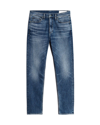 The Rag & Bone Fit 2 Authentic Stretch Denim jeans feature a medium indigo wash with a subtle faded effect, slim fit, five-pocket styling, and button closure, shown laid flat on a white background.