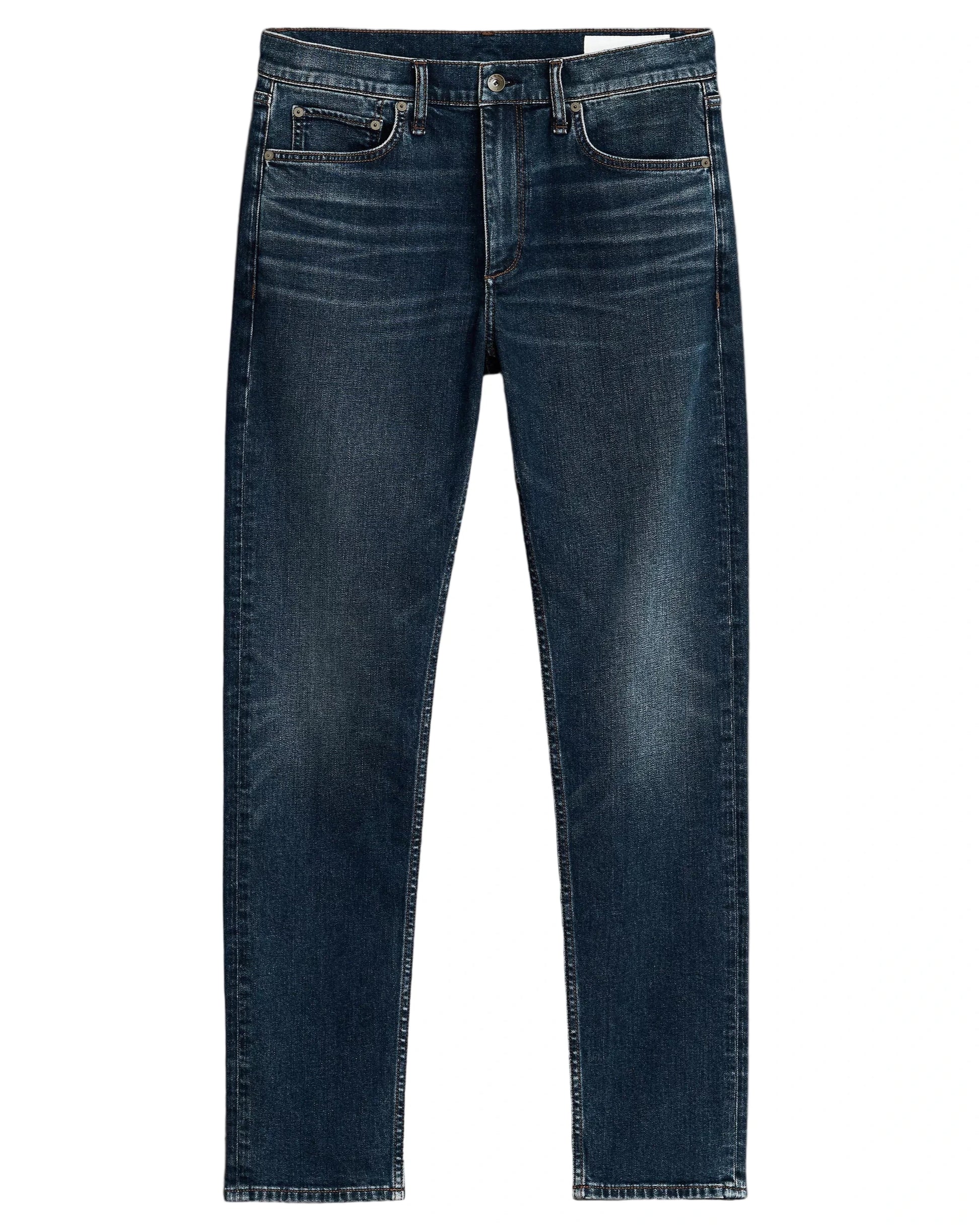 The Rag & Bone Fit 2 Authentic Stretch Denim jeans feature a dark indigo wash, button and zip fly, front and back pockets, thigh fading, and a slim fit silhouette.