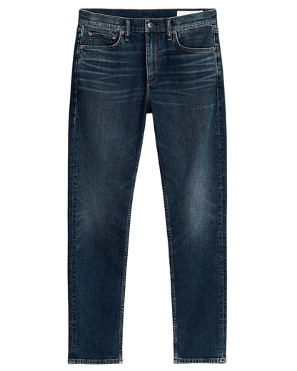 The Rag & Bone Fit 2 Authentic Stretch Denim jeans feature a dark indigo wash, button and zip fly, front and back pockets, thigh fading, and a slim fit silhouette.