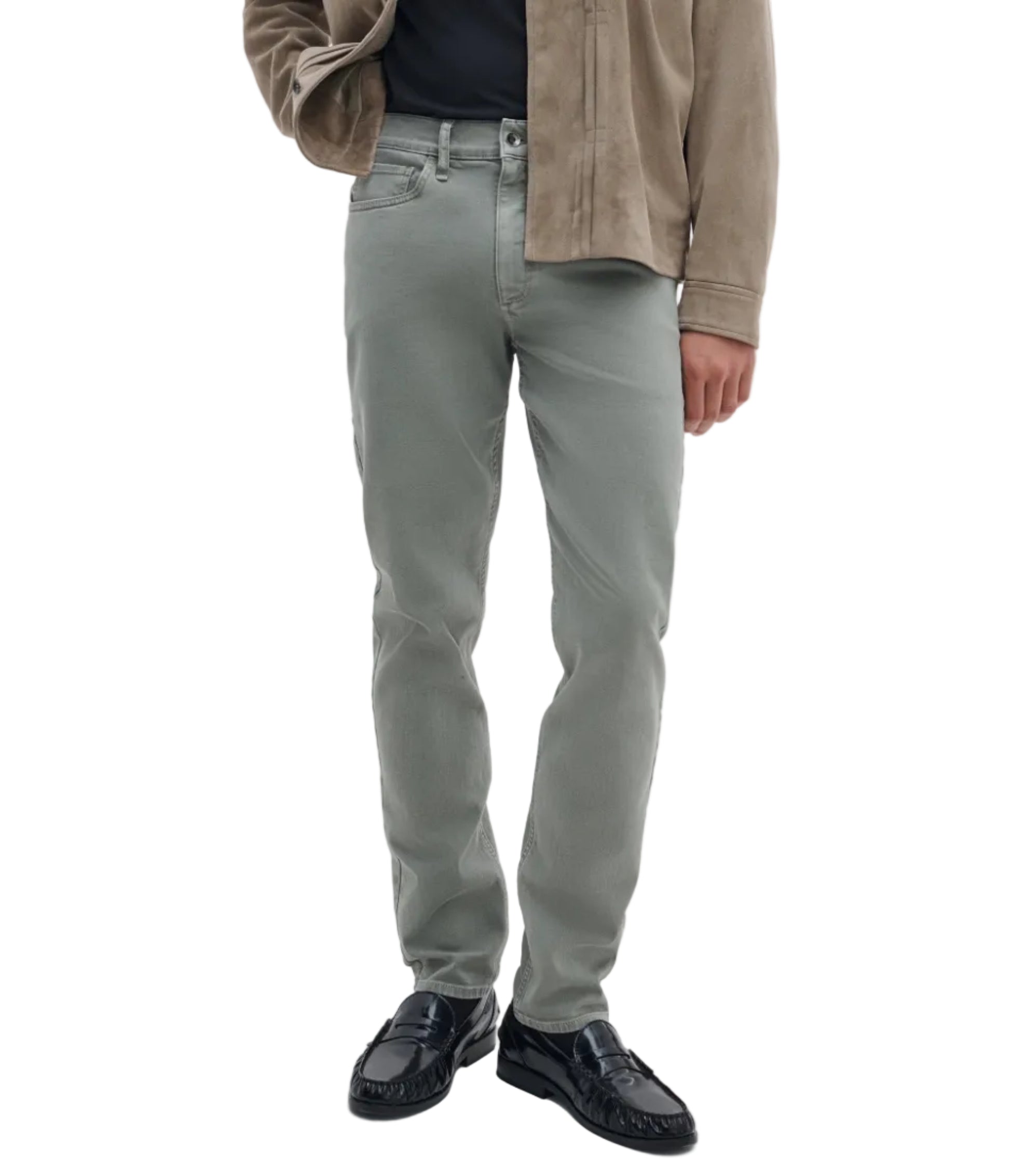 A person wearing Rag & Bone Fit 2 Aero Stretch Denim jeans, a black shirt, tan jacket, and black loafers stands against a plain white background.