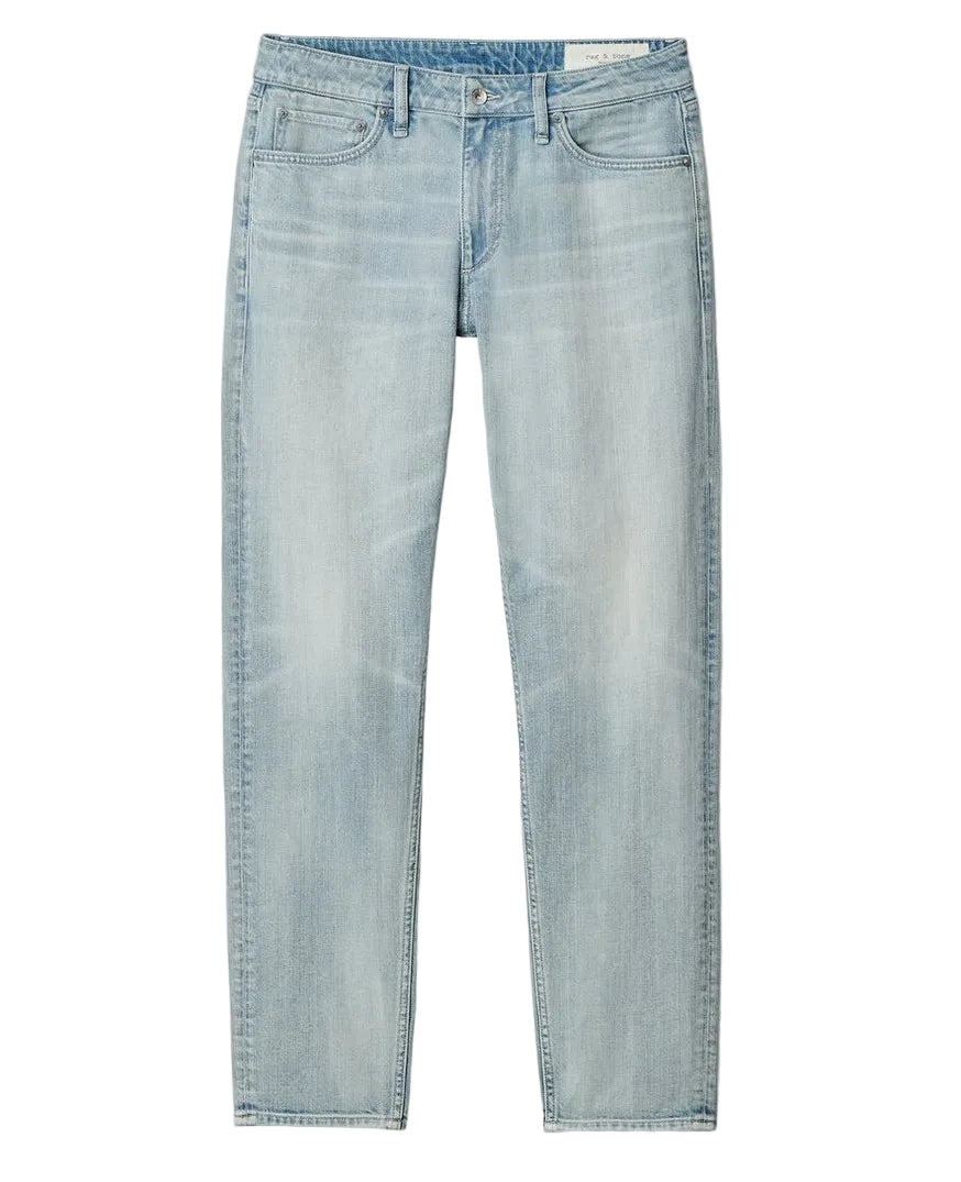 The Rag & Bone Fit 3 Authentic Stretch jeans feature a light blue wash, straight-leg cut, athletic fit, five pockets, and button-zip closure, shown laid flat on a white background.