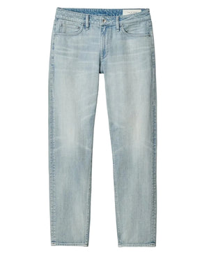 The Rag & Bone Fit 3 Authentic Stretch jeans feature a light blue wash, straight-leg cut, athletic fit, five pockets, and button-zip closure, shown laid flat on a white background.