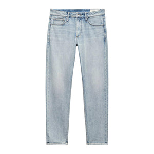 The Rag & Bone Fit 3 Authentic Stretch jeans feature a light indigo wash, classic five-pocket styling, straight leg cut, and button-zip closure, shown laid flat on a white background.