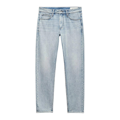 The Rag & Bone Fit 3 Authentic Stretch jeans feature a light indigo wash, classic five-pocket styling, straight leg cut, and button-zip closure, shown laid flat on a white background.