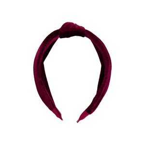 Pink Chicken Girls’ Holly Headband in deep red burgundy velour with a knotted detail at the top, perfect for a holiday wardrobe.