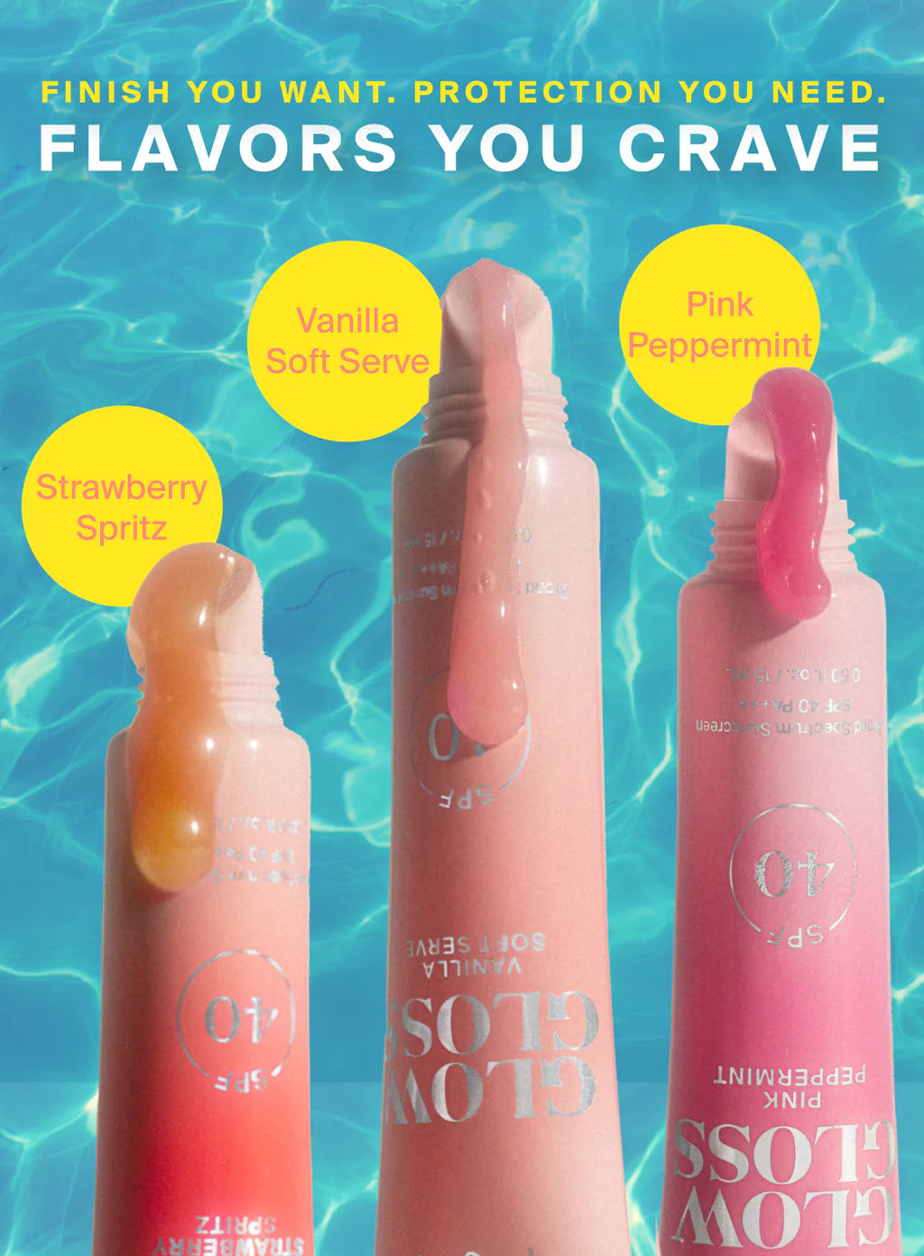 Three tubes of Supergoop Glow Gloss Lip Balm SPF 40—Strawberry Spritz, Vanilla Soft Serve, and Pink Peppermint—stand upright against a blue water background for ultra-hydrated, non-sticky lips.