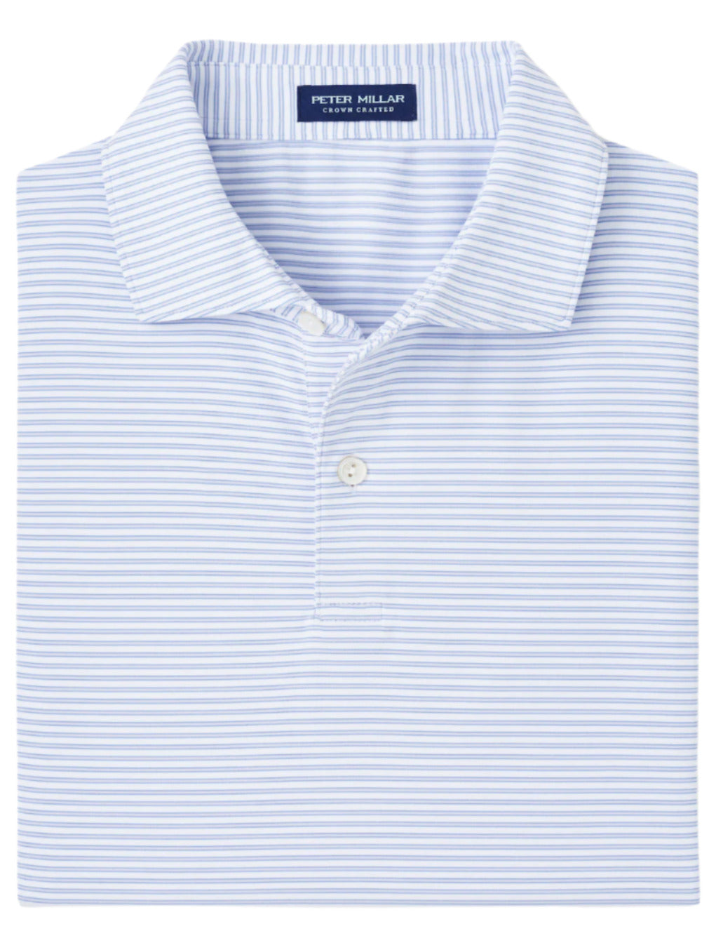The "Ambrose Performance Jersey Polo" by Peter Millar, featuring light blue and white stripes, a collar, and buttons, offers four-way stretch for comfort and UPF 50+ sun protection—ideal for sunny days.