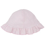 A soft Pima cotton hat for baby girls, the Kissy Kissy Fairway Foursome Floppy Stripe Hat features pink and white stripes with a ruffled brim.