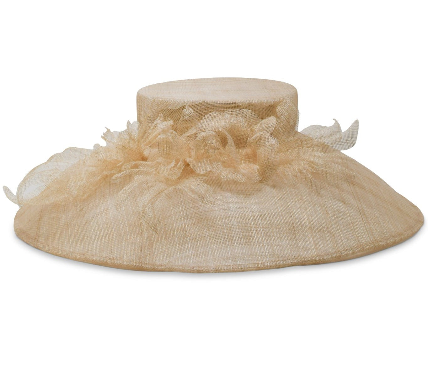 The Gigi Burris Flora Sinamay Hat, crafted by Gigi Burris, is an exquisite beige wide-brimmed hat showcasing fine millinery with a flat crown adorned with decorative Flora Sinamay accents.