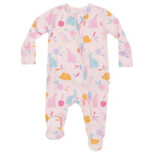 The Angel Dear Floral Dinos Zip Ruffle Back Footie is a pink baby onesie made from soft bamboo fiber, adorned with vibrant dinosaur and leaf designs. It includes a convenient front zipper footie design and cozy fold-over cuffs to ensure comfort for your little one.