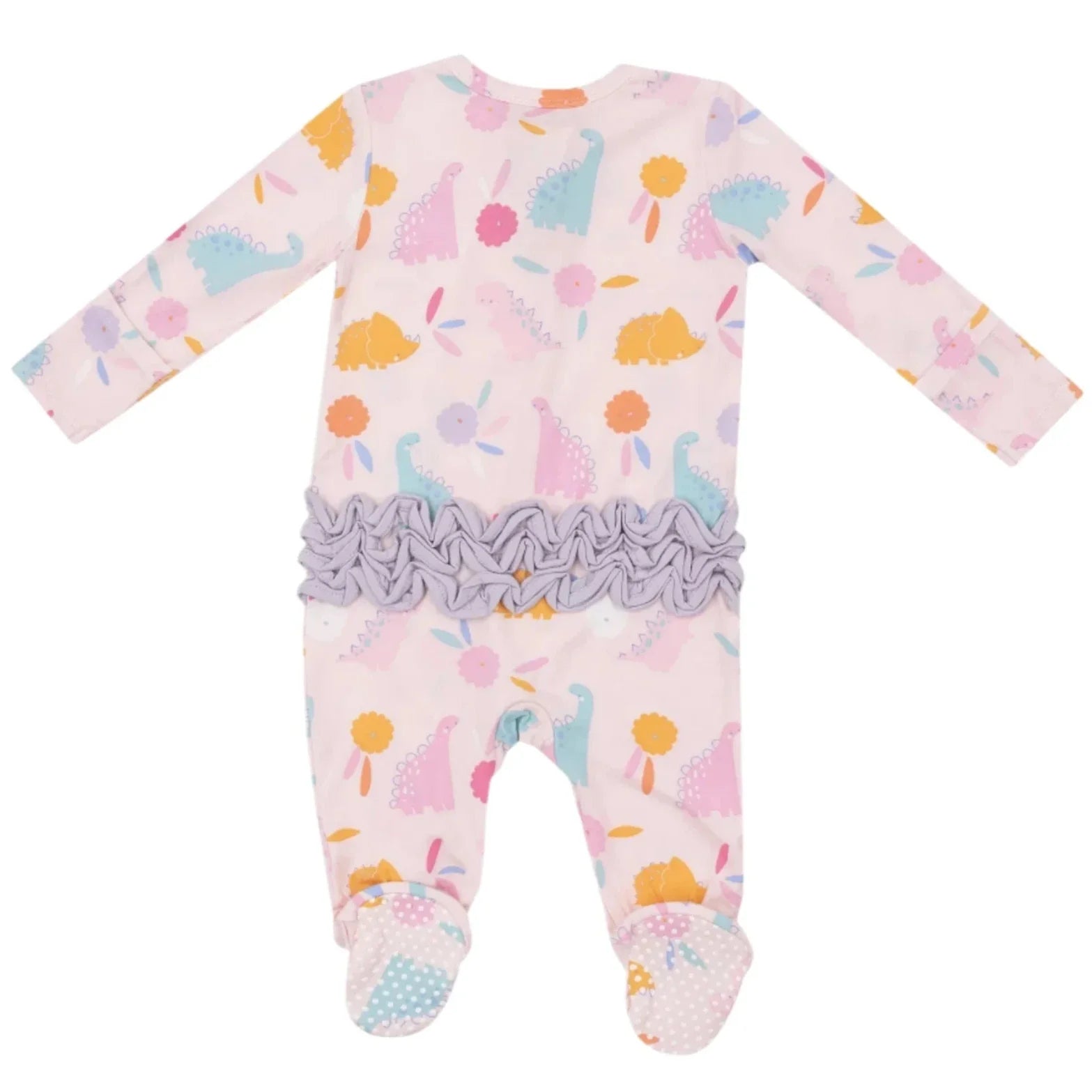 The Angel Dear Floral Dinos Zip Ruffle Back Footie, by Angel Dear, is made from bamboo fiber and boasts a delightful dinosaur and flower pattern. It features long sleeves with fold-over cuffs, a footed design, and an adorable ruffled detail at the back.