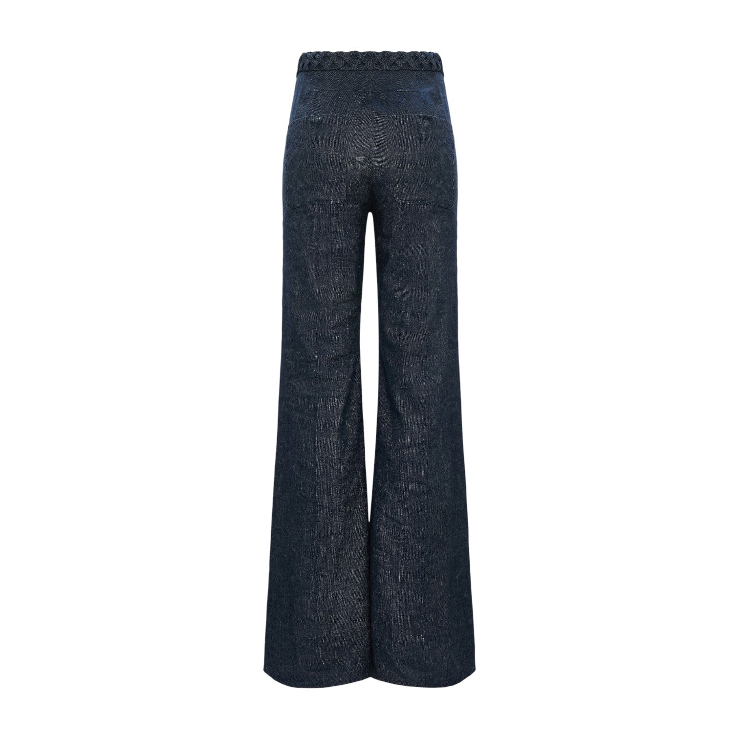Fluid Denim Pants by Dorothee Schumacher in dark blue feature a wide-leg cut and braided waistband detailing, shown from the back against a white background.