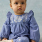 A baby wearing the Louise Misha Baby Girls’ Mikani Set—an embroidered blue dress with white floral details—sits on a blue background, looking slightly to the side with a neutral expression.