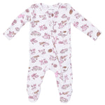 The Angel Dear Baby Girls’ 2-Way Zipper Ruffle Back Zipper Footie is a white footie adorned with pink and brown ballet-themed illustrations such as tutus, ballet shoes, crowns, and ribbons. Crafted from soft bamboo fabric, this baby footie features long sleeves and a convenient two-way front zipper closure for easy changing.