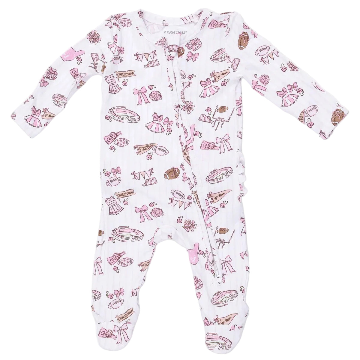 The Angel Dear Baby Girls’ 2-Way Zipper Ruffle Back Zipper Footie is a white footie adorned with pink and brown ballet-themed illustrations such as tutus, ballet shoes, crowns, and ribbons. Crafted from soft bamboo fabric, this baby footie features long sleeves and a convenient two-way front zipper closure for easy changing.