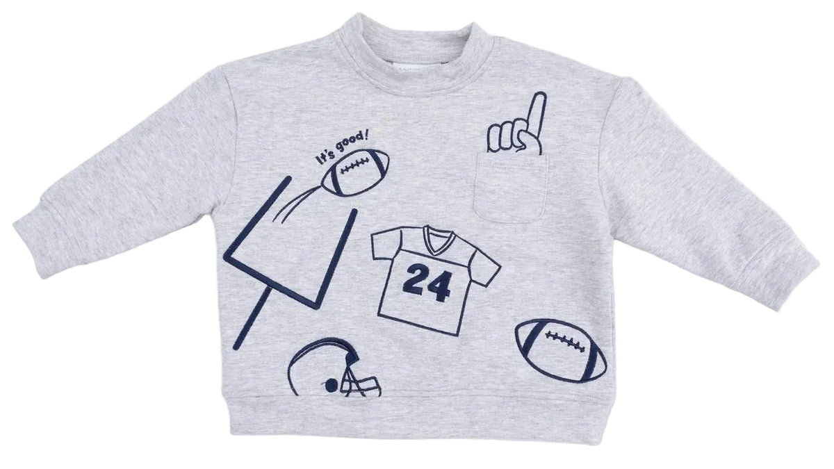 Introducing the Angel Dear Baby and Kids’ Drop Sleeve Sweatshirt, crafted from soft organic French terry in gray. This cozy long-sleeve sweatshirt features playful illustrations—a football helmet, goalpost, jersey with the number 24, football, foam finger—and the phrase “It’s good!” on the front. Part of the Angel Dear collection.