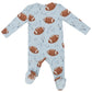 The Angel Dear Footballs Blue 2-Way Zip Footie is a cozy fleece-lined baby onesie with a football motif, showcasing brown footballs and sports-related symbols. It features a convenient zipper for easy changes and includes a footed design.