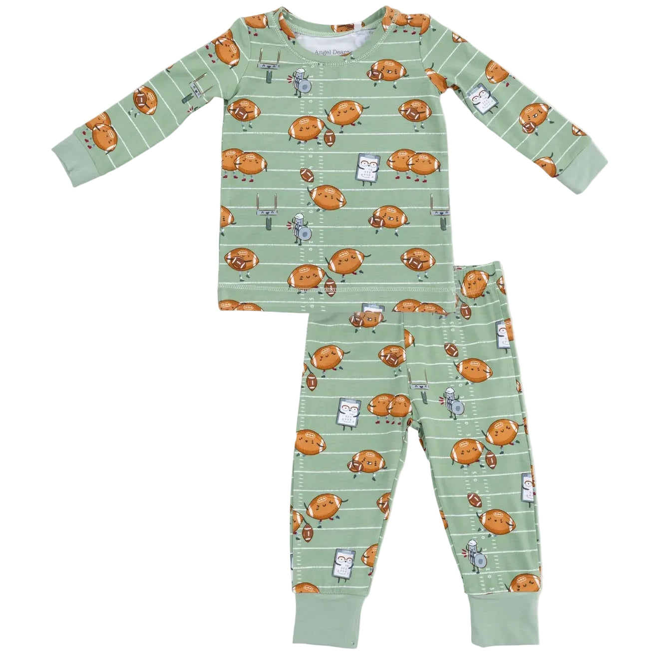 Keep your little one comfortable in the Angel Dear Baby and Kids’ Long Sleeve Loungewear Set, featuring a playful green design with all-over football and cartoon character prints, accented by white stripes and light green cuffs on both the sleeves and pants.