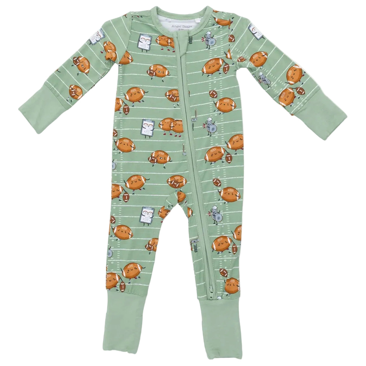 Dress your little one in cozy comfort with the Angel Dear Baby Convertible Romper. This light green romper features a playful football field design with cartoon footballs, goal posts, and helmets. Made from ultra-soft bamboo fiber, it has a convenient diagonal zipper down the front for easy changes—perfect as snug baby pajamas for restful nights.