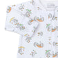 This is a close-up image of the Kissy Kissy Hedgehog Fall Showers Printed Zip Footie, a white baby onesie made from soft Pima cotton, featuring cozy footies and a charming print of hedgehogs holding umbrellas and dancing with falling stars.