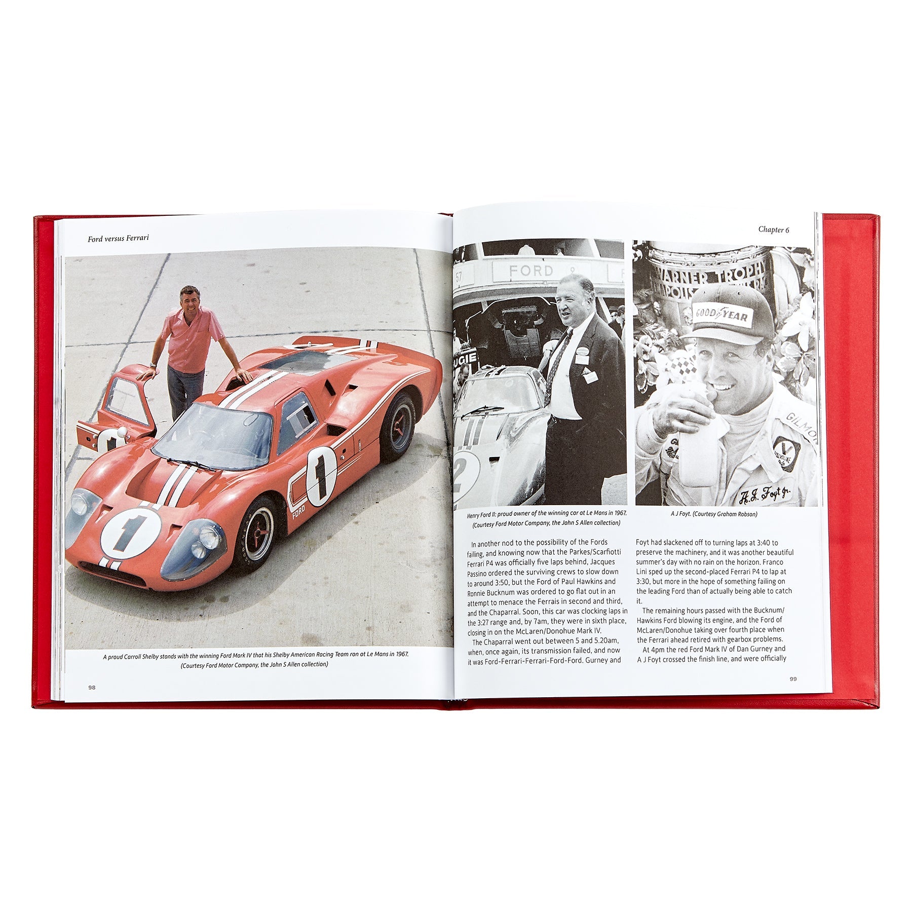 Open book from Graphic Image titled "Ford Versus Ferrari" features photos and stories of Ford race cars and drivers—a perfect gift for car enthusiasts inspired by Le Mans 66. Left page: red Ford GT40; right: drivers and pit scenes.