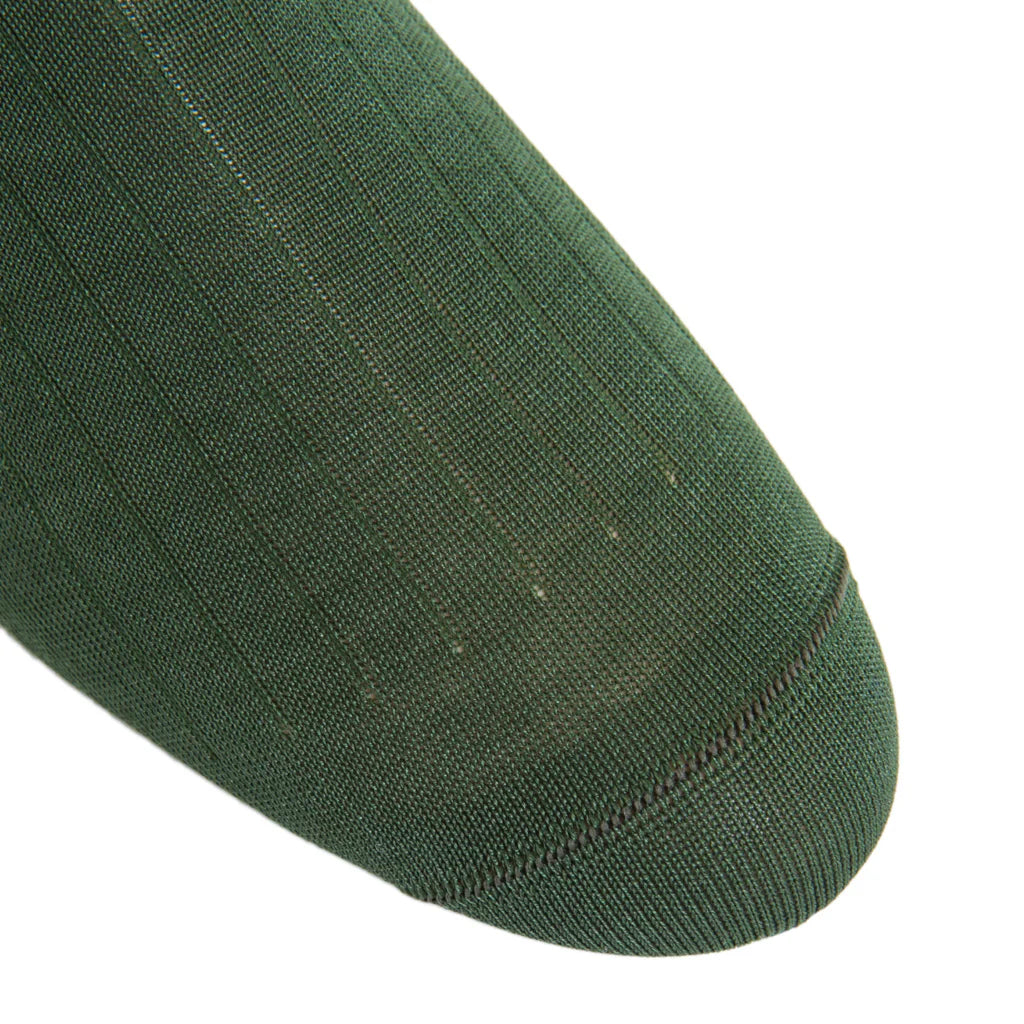 Close-up of the toe area on the Forest Green Ribbed Cotton Sock (Linked Toe Mid-Calf) by Dapper Classics, highlighting its texture and stitching. Made in North Carolina.