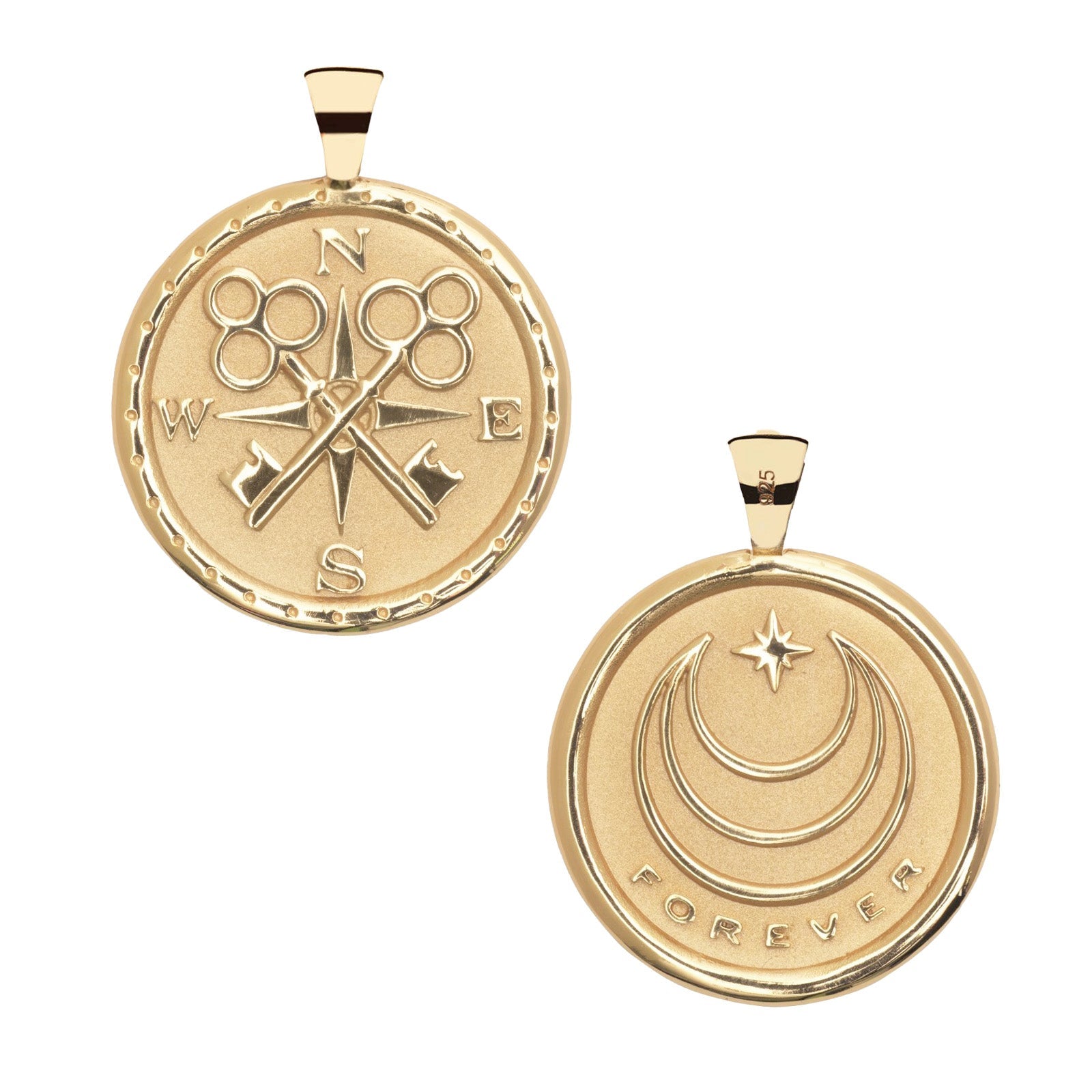 The Jane Win Pendant Necklace Collection features two round gold pendants: one with crossed keys and compass directions, the other with crescent moons, a star, and "FOREVER"—meaningful milestone jewelry for any coin necklace lover.