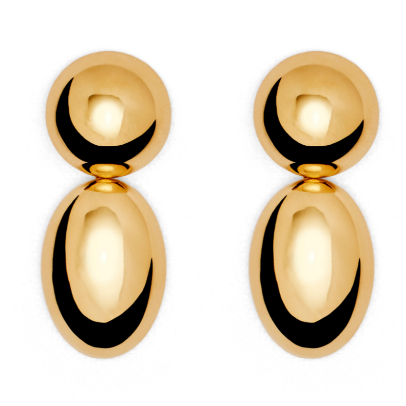 Introducing the LIÉ STUDIO Klara Earrings by Lie Studio: a pair of gold double oval drop earrings featuring an antique silhouette and a reflective surface.