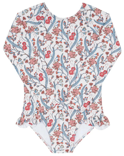 The Minnow Girls' Feathered Floral Rashguard One Piece is a sun-safe, long-sleeve swimsuit with a white base, red, blue, and pink floral print, plus delicate hip ruffles.