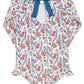 The Minnow Girls' Feathered Floral Rashguard One Piece features long sleeves, a floral pattern, blue bow neckline, and hip ruffles—ideal as stylish swimwear or a sun-safe rashguard for your child.