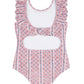 The Minnow Girls' Floral Tile Ruffle Collar One Piece features playful ruffles and a pink and white floral design, perfect for girls who love a stylish swimsuit.