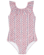 The Minnow Girls' Floral Tile Ruffle Collar One Piece features a pink floral tile print, white vertical stripes, and a charming ruffled neckline, shown on a plain background.