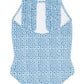 The Minnow Girls' Starburst Ruffle Strap One Piece features a blue and white pattern, square neck, playful ruffle straps, and a stylish cut-out back—perfect for chic resort swimwear.