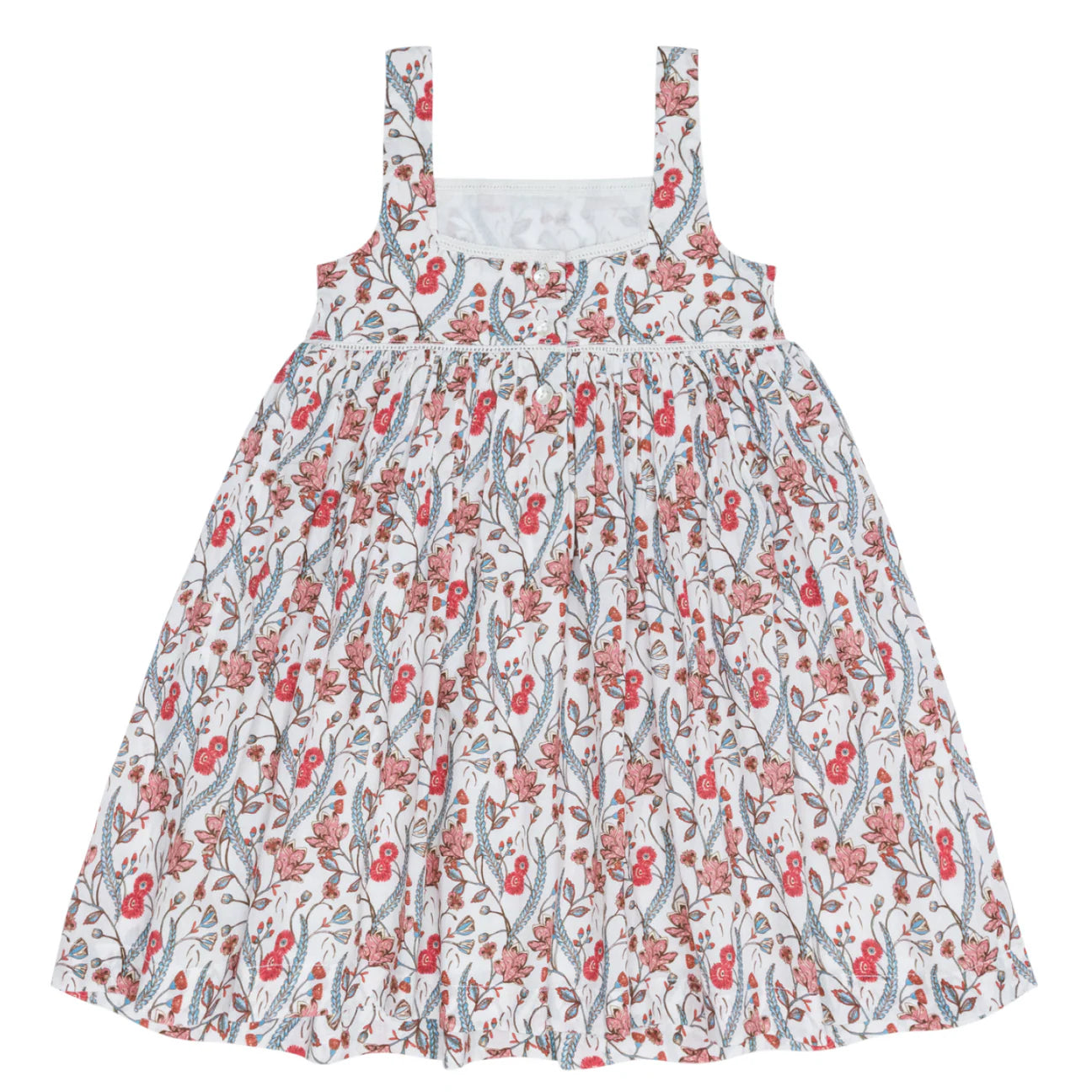 The Minnow Girls' Feathered Floral Square Neck Strap Dress features a sleeveless design, red and blue floral print, and a gathered full skirt.