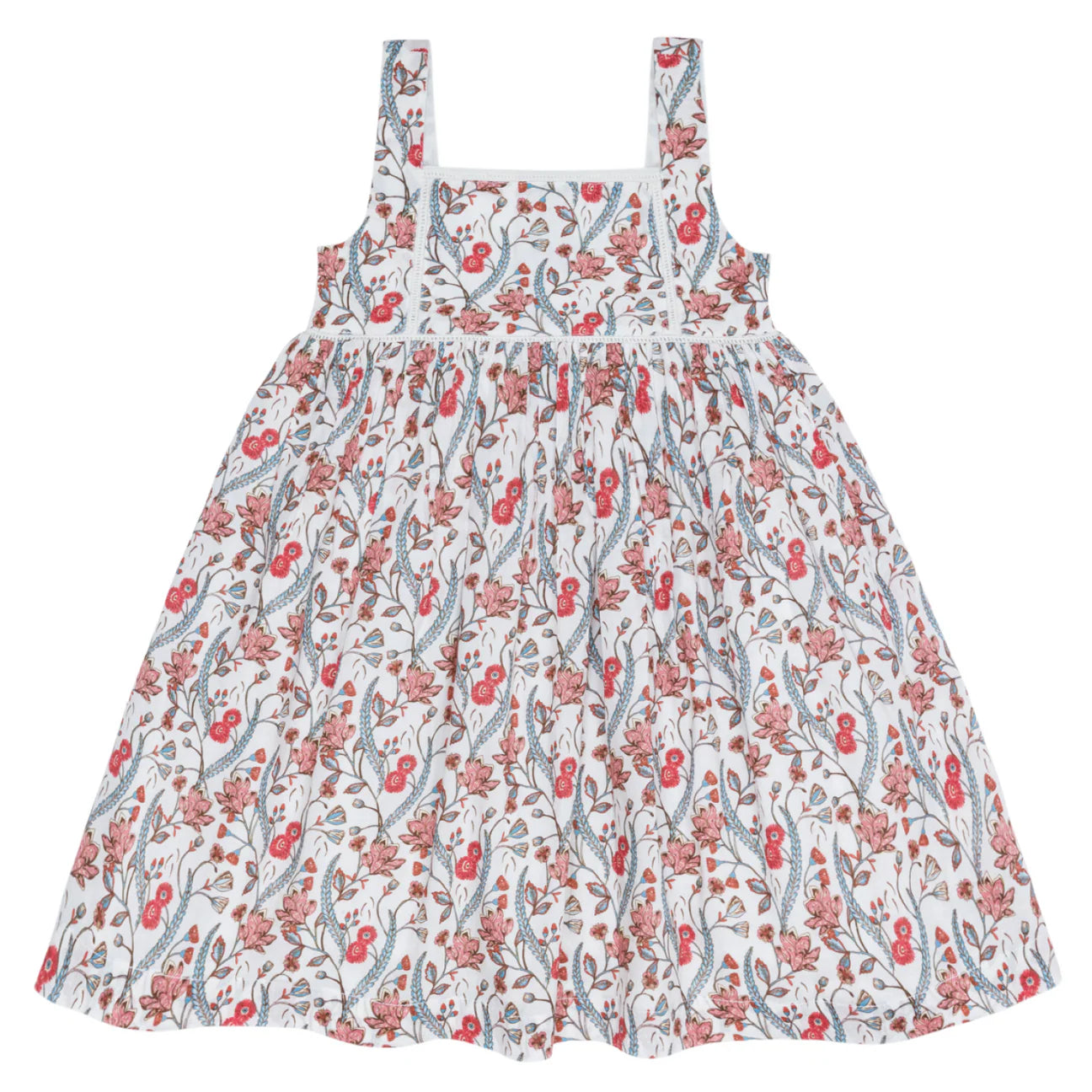 The Minnow Girls' Feathered Floral Square Neck Strap Dress features a full white skirt adorned with beautiful red flowers.