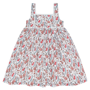 The Minnow Girls' Feathered Floral Square Neck Strap Dress features a full white skirt adorned with beautiful red flowers.