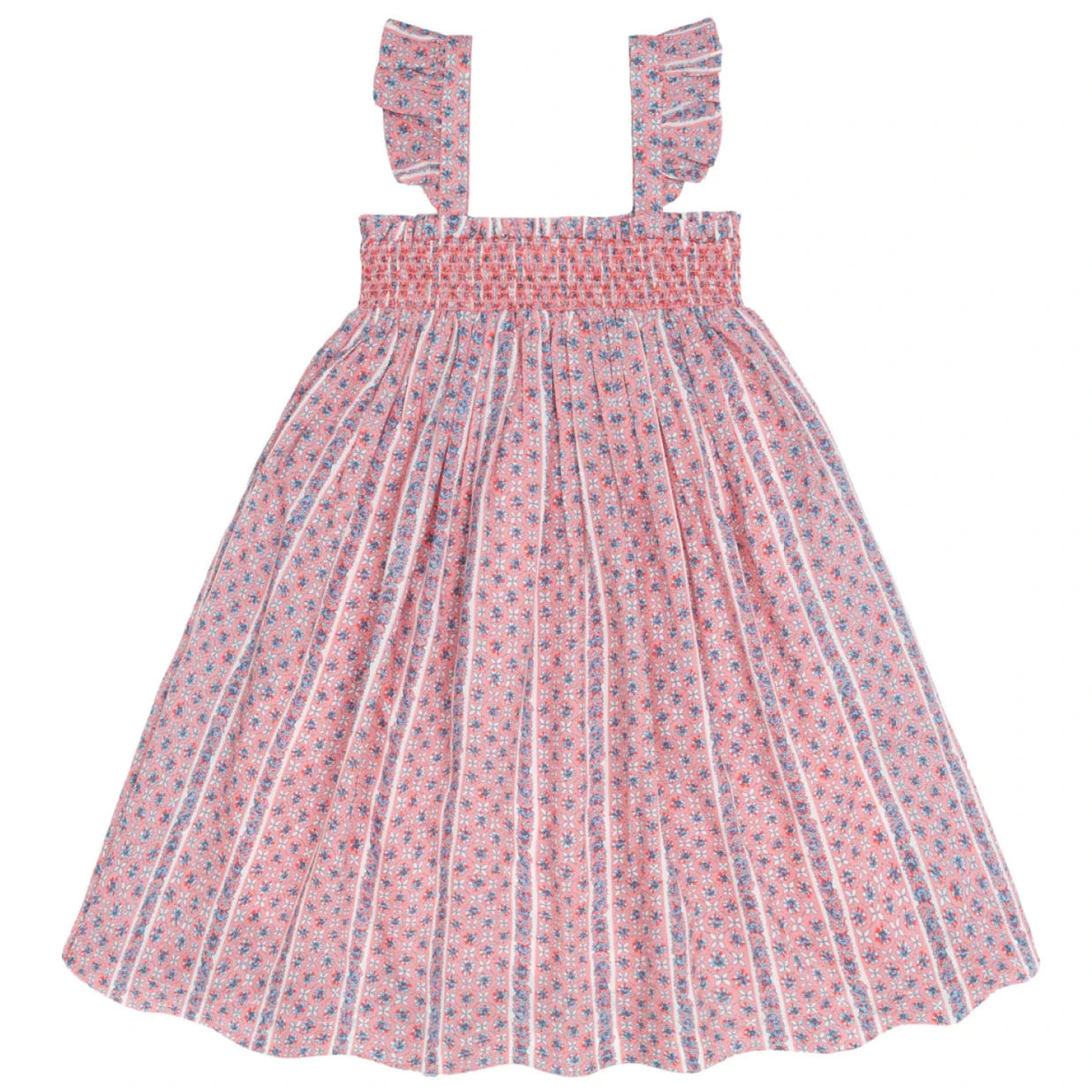 The Minnow Girls' Floral Tile Smocked Dress features a pink and white floral pattern, flutter sleeves, and ruffled shoulder straps, shown against a white background.