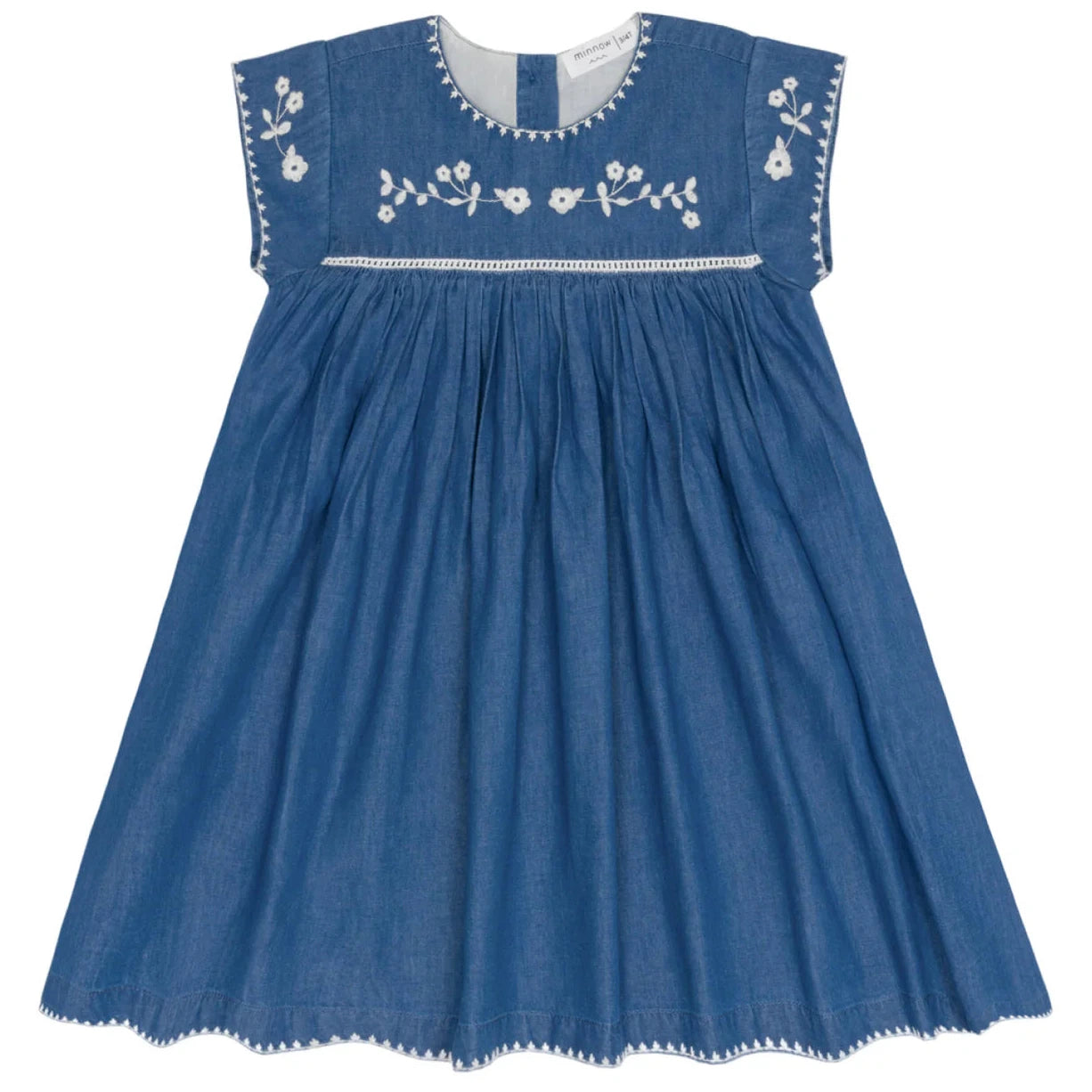 The Minnow Girl's Chambray Embroidered Cap Sleeve Dress features a gathered skirt, white floral embroidery on the chest and neckline, and decorative stitching—perfect for any occasion.