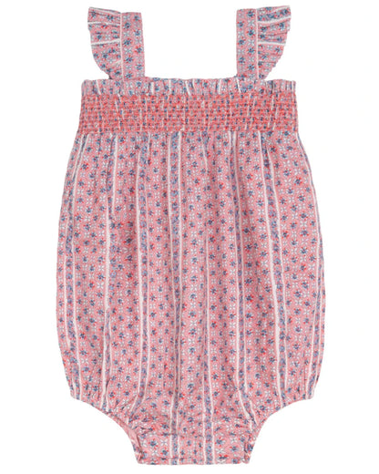 Minnow’s Baby Girls' Floral Tile Smocked Bubble Romper features pink and white florals, vertical stripes, smocked top, ruffled straps, and easy diaper changes—perfect for a charming baby outfit.