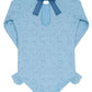 Minnow Girls' Eyelet Rashguard One Piece features light blue eyelet details, a back keyhole opening, ruffled sleeves and legs, hip ruffle accents, and a blue ribbon bow at the neckline.