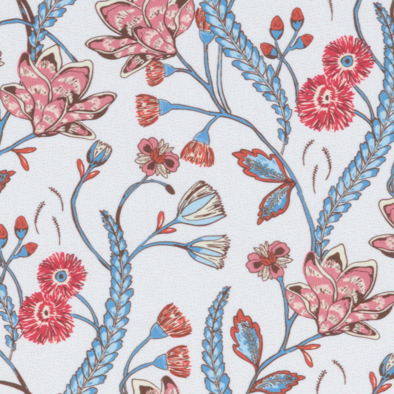 The Minnow Girls' Feathered Floral Rashguard One Piece features a patterned fabric with red, pink, and blue flowers and leafy stems on a white background—perfect for stylish swimwear.