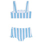 The Minnow Girls' Bandeau Bikini and Swim Shorts feature blue and white vertical stripes, thick shoulder straps, high-waisted bottoms, and playful ruffles at the leg openings.