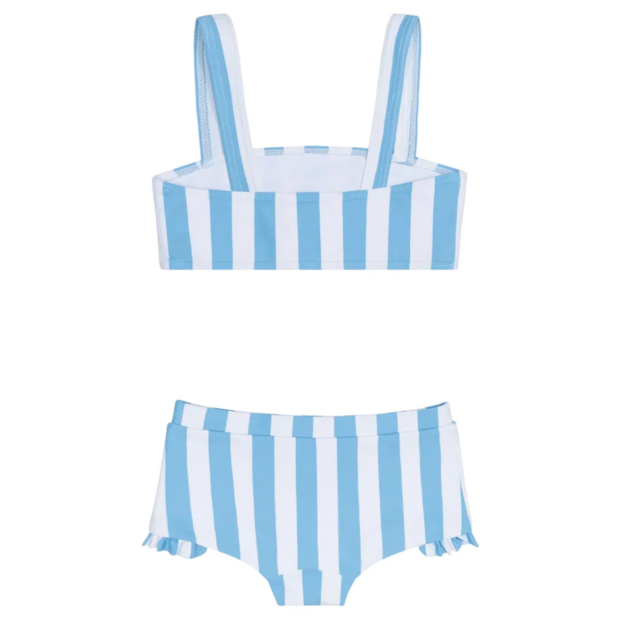 The Minnow Girls' Bandeau Bikini and Swim Shorts feature blue and white vertical stripes, thick shoulder straps, high-waisted bottoms, and playful ruffles at the leg openings.