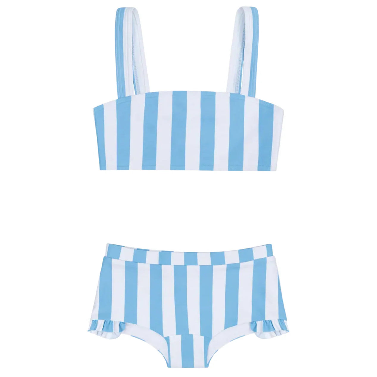 The Minnow Girls' Bandeau Bikini and Swim Shorts feature vertical blue and white stripes, a bandeau top with wide straps, and high-waisted swim shorts with side ruffle details.
