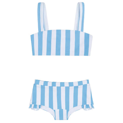 The Minnow Girls' Bandeau Bikini and Swim Shorts feature vertical blue and white stripes, a bandeau top with wide straps, and high-waisted swim shorts with side ruffle details.