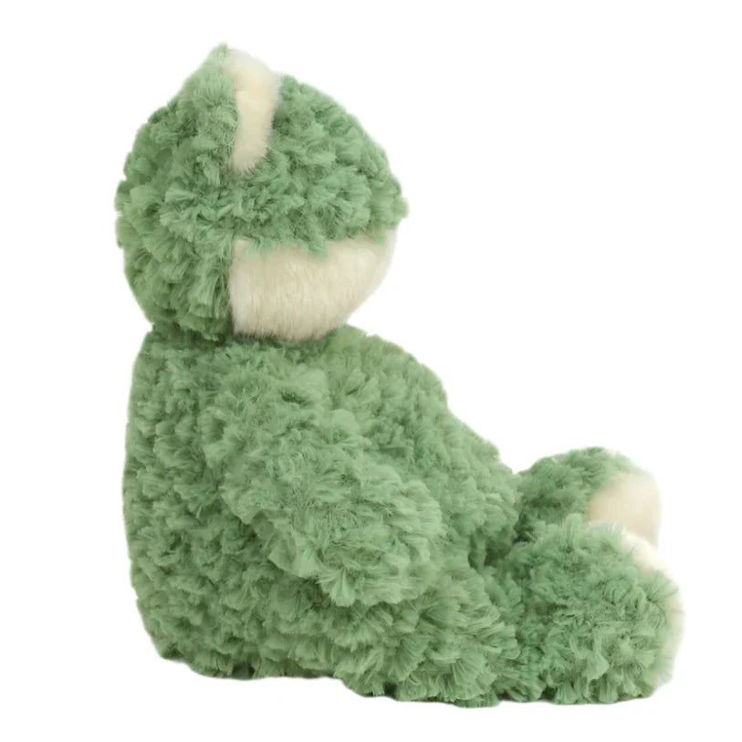 Frankie Frog by Mon Ami is a green and cream plush toy with a fluffy texture and rounded features—perfect as a unique newborn gift or to add to your frog plush collection.