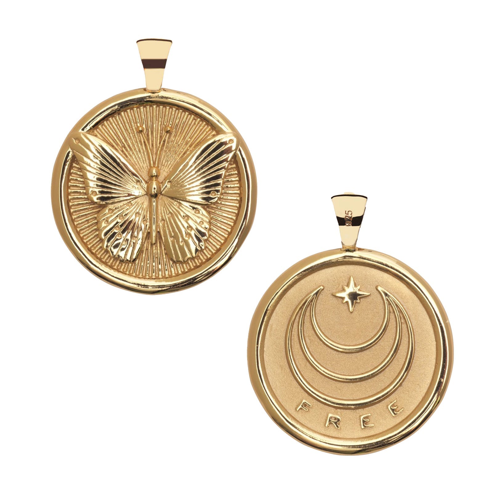 The Jane Win Pendant Necklace Collection features a gold coin pendant with a butterfly on one side and engraved crescent moons, star, and “FREE” on the other—a meaningful, stunning piece inspired by Jane Win's signature style.